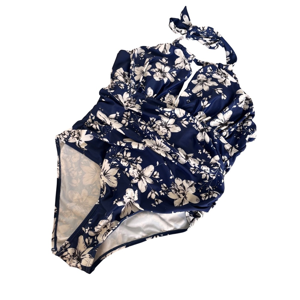 B2PRITY  XL Floral Halter One Piece Swimsuit Navy‎ Blue White Ruched Keyhole